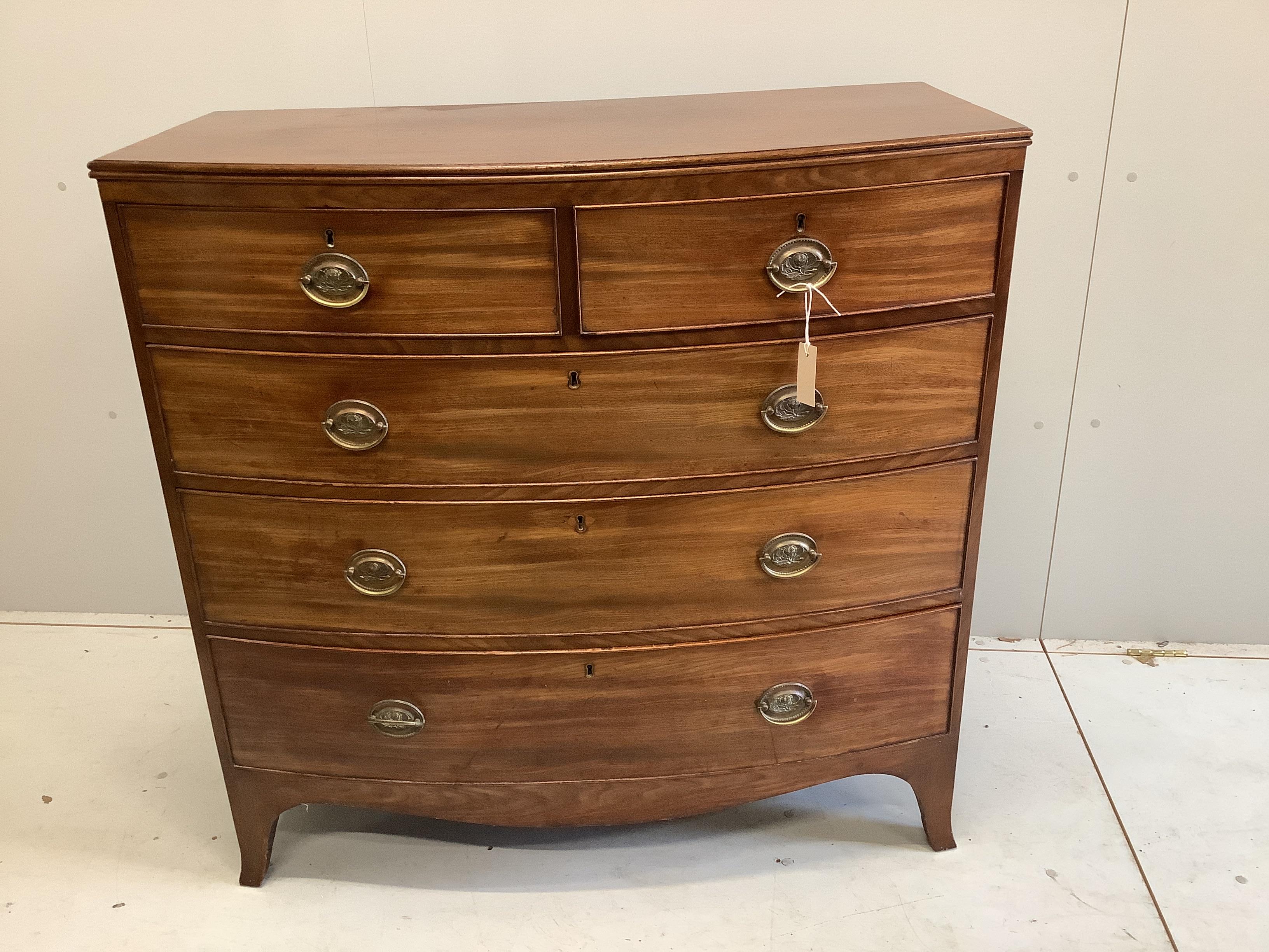 A Regency mahogany bowfront chest of five drawers, width 106cm, depth 52cm, height 106cm